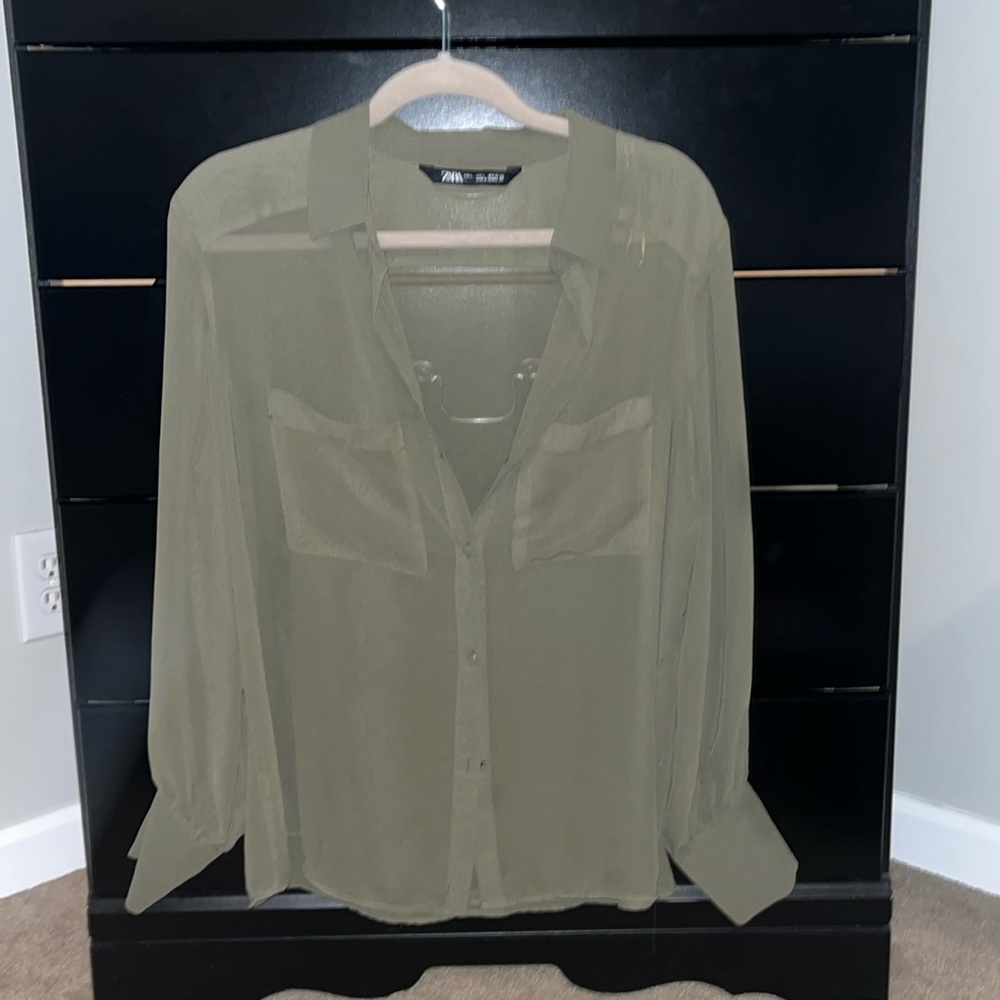 Zara Sheer olive green button up